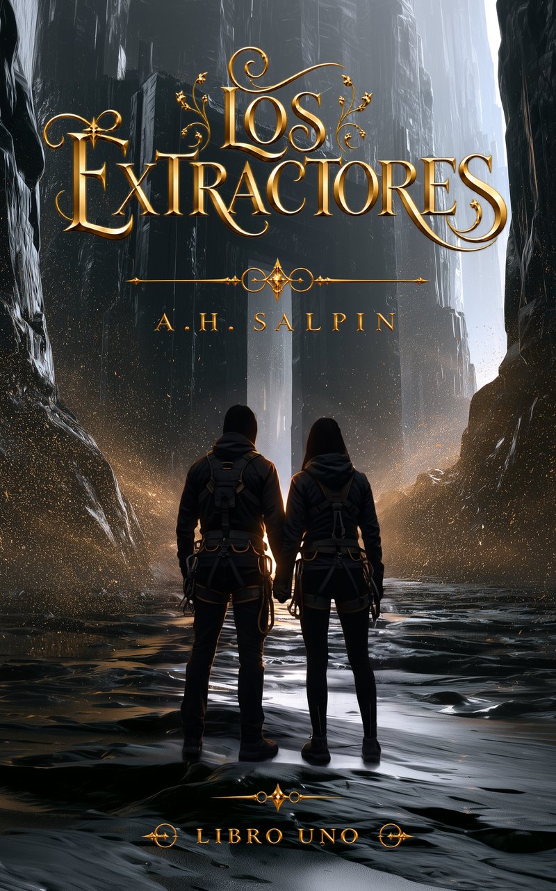 Portada de Los extractores, de A. H. Salpin: dos cadetes de espaldas en un cañón de roca negra con polvo de oro en el aire