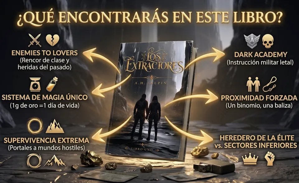 ¿Qué encontrarás en este libro? Enemies to lovers (rencor de clase y heridas del pasado), dark academy (instrucción militar letal), sistema de magia único (1 g de oro = 1 día de vida), proximidad forzada (un binomio, una baliza), supervivencia extrema (portales a mundos hostiles) y heredero de la élite frente a los Sectores Inferiores.